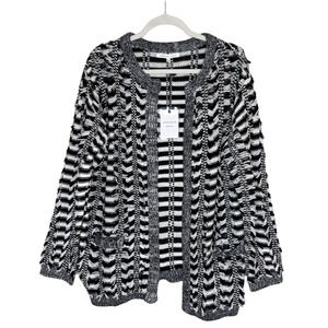 Endless Rose Open Front Striped Fringe Cardigan Sweater Size S/M Black White